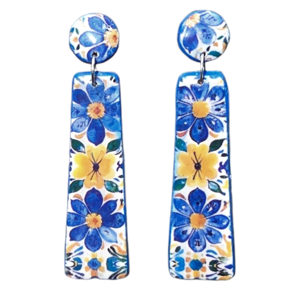Spring Flower Earrings, Blue & Yellow Dangle Earrings, Handcrafted